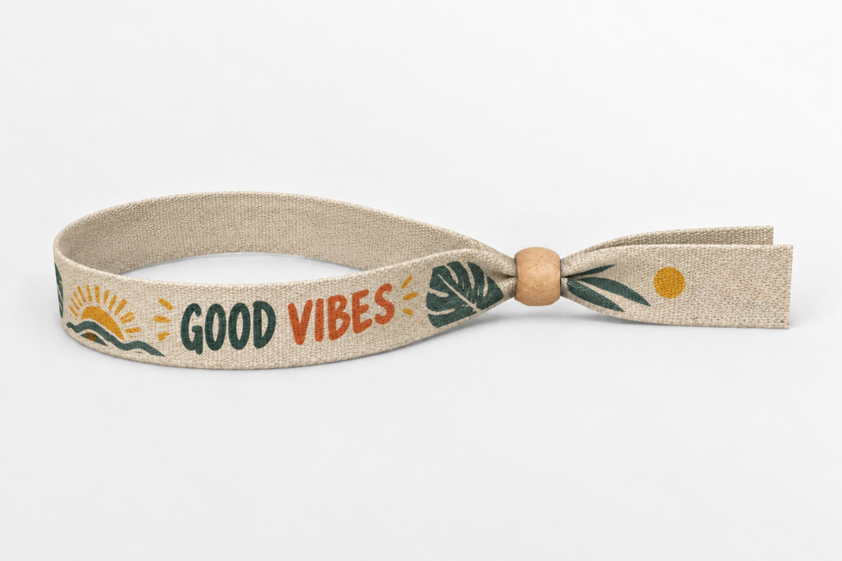 Béžový bavlnený náramok s farebnou potlačou Good Vibes