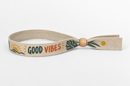 Béžový bavlnený náramok s farebnou potlačou Good Vibes