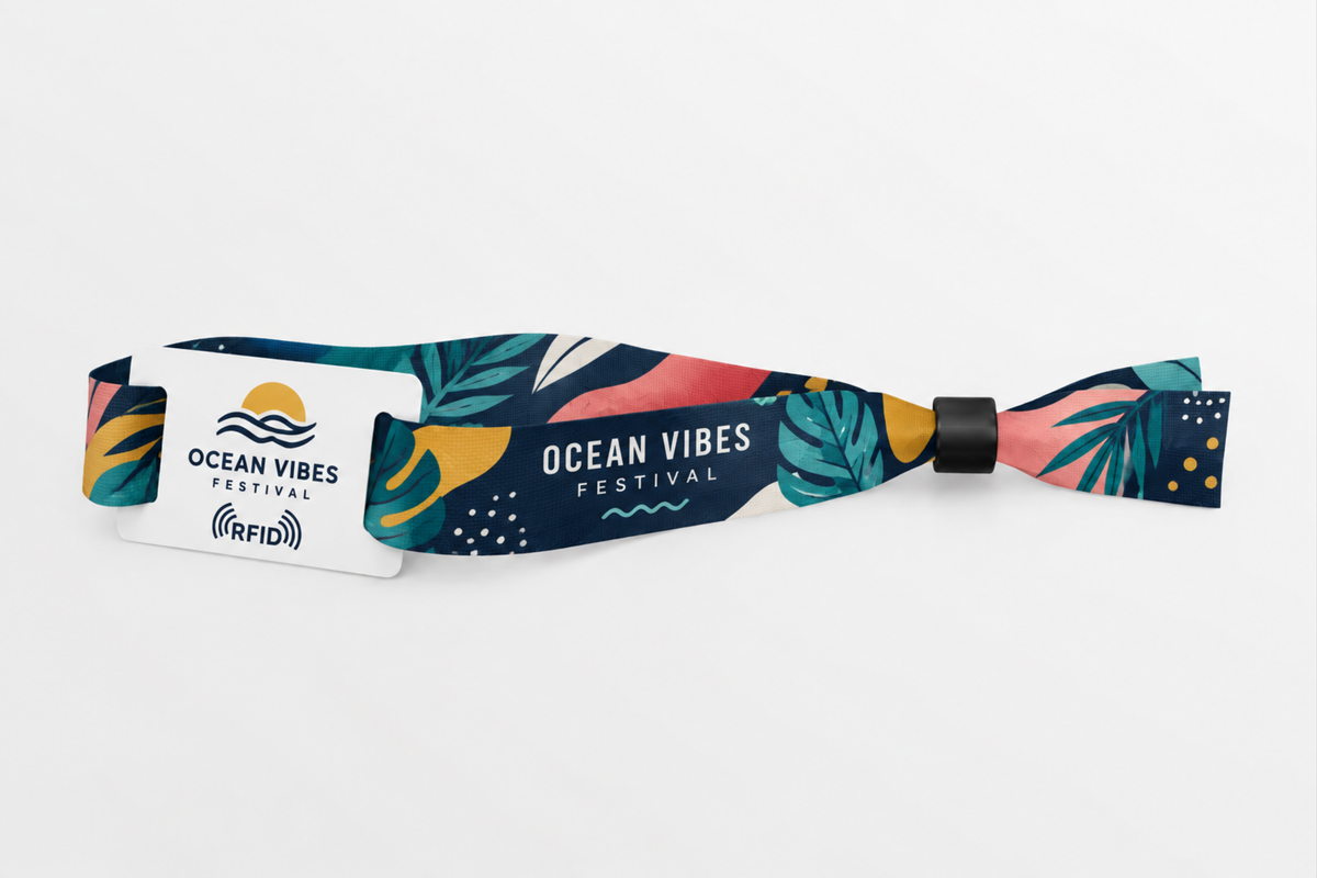 RFID textilný náramok z rPET s farebnou tropickou festivalovou potlačou