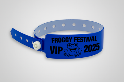 A photo of W-Vinyl Wristbands with print from JM Band®. Purchase Vinyl Wristbands in Blue here.