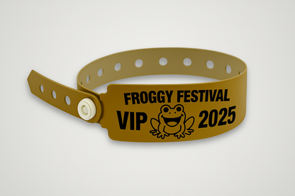 A photo of W-Vinyl Wristbands with print from JM Band®. Purchase Vinyl Wristbands in Bronze here.
